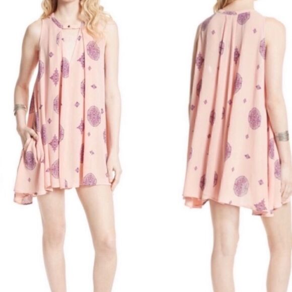 Free People Tree Swing Tunic Dress Size M Pink Purple Medallion Rayon Sleeveless - Picture 3 of 9